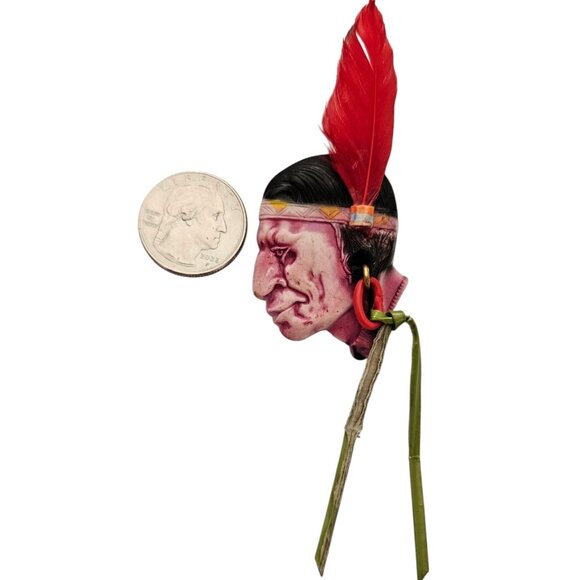 Plastic Vintage Native American Chief Pin With Feather And Dangle Earring L969 - Picture 4 of 6